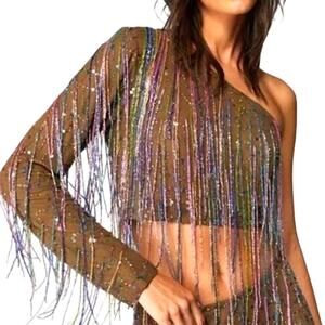 Nasty Gal – One Shoulder Tassel Beaded Crop Top (Multi) – S